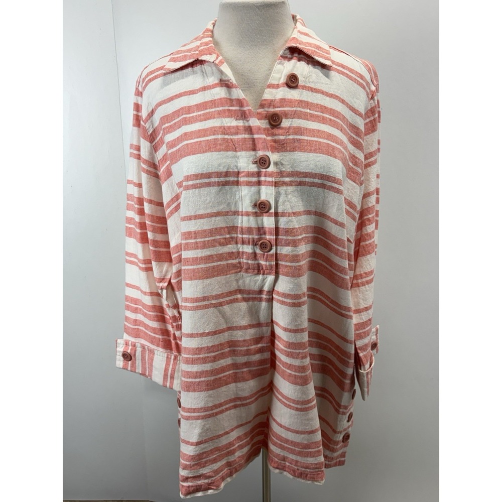 John Mark 100% Linen Striped Tunic Top Short Women's XL Lagenlook Coastal